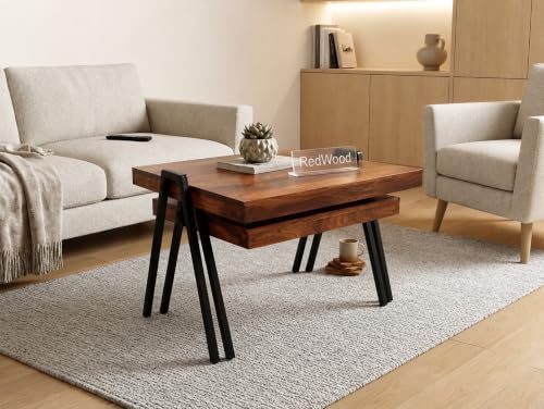 Image of Solid Sheesham Wood Coffee Table Set of 2 with Metal Legs | Modern Nested Center Tables for Living Room | Industrial Wooden Tea Tables Space Saving Stackable Cocktail Furniture for Home | Brown