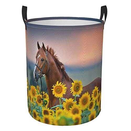 Kiuloam Horse Sunflowers 19.6 Inches Large Storage Basket With Handles Collapsible Portable Laundry Fabric Hampers Tote Bag For Toys Clothing Organization #TOP21