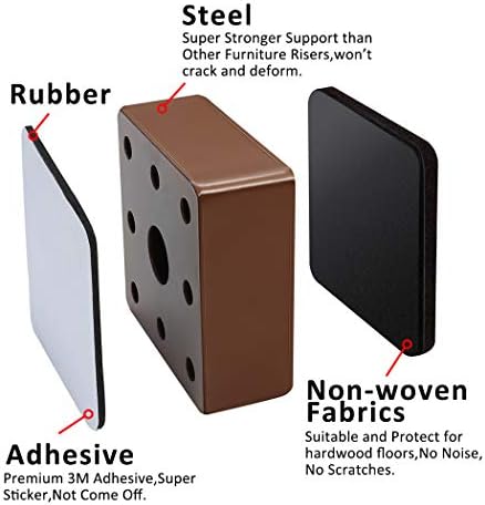 Ezprotekt 1.2" Lift Furniture Risers Carbon Steel Bed Risers, 2.36" Self-Adhesive Heavy Duty Furniture Raisers Adds 1.2" Height to Beds Sofas Cabinets Supports 20,000 lbs, Square Brown