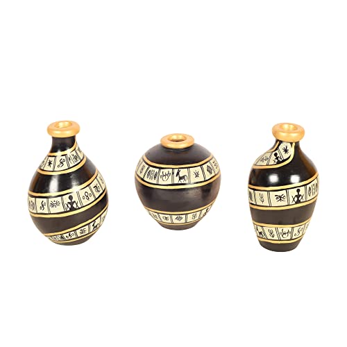 Image of Aakriti Art Creations Black Spiral Terracotta Miniature Decor Vases Set of 3 | Hand-Painted Warli Art Black & Gold | Matte Finish Decorative for Living Room, Table Decor & Gifting