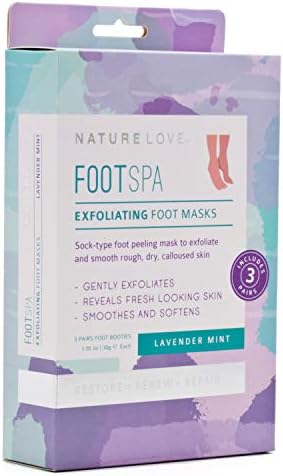 Nature Love Exfoliating Foot Mask | Lavender Mint | Lactic Acid and Urea | Gently Exfoliates and Removes Dead Skin | Paraben Free (3 Pairs)