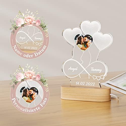 iDIY Personalised Heart Night Light with 2 Names - Custom Love Acrylic Night Lamp with Photo, Bedroom Room Glass Decorative Sign Plaque for Valentine's Day Anniversary Mother's Day Wedding