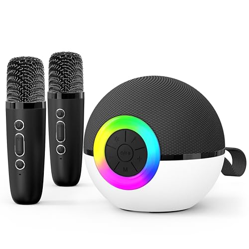 goopow Mini Karaoke Machine Speaker for Kids Adults, Portable Bluetooth Microphone Song Toys with LED Light, Best Chritmas Birthday Festival Gift for 3 4 5 6 7 8+ Year Old Girls Boys (Black-2 Mic)