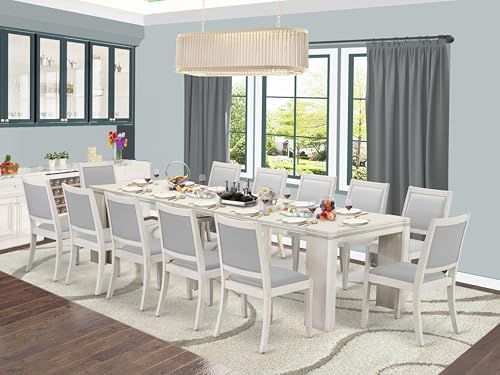 Image of X12X2-00W-27-13 Pieces Extendable Dining Set Includes a Rectangle Xtenczar Dining Table and 12 Light Gray Faux Leather Stackable Dining Chairs, Antique White