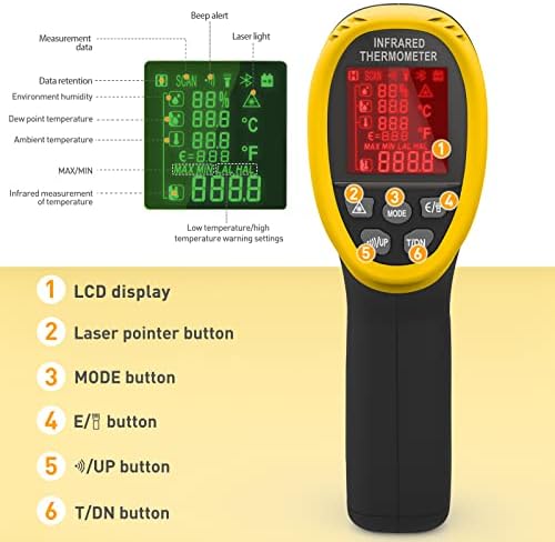 Digital Infrared Thermometer(-58~1472)INFURIDER YF-985E Non-Contact Laser Temperature Gun 16:1 IR Temp Gauge, Industrial Thermometer Gun w/Ambient Temperature Humidity Dew Point Monitor