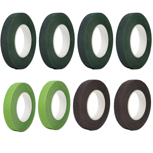 フラワーアートテープ 8個セット(墨緑色×4 + 秋色×2 + 茶色×2) クラフトテープ 花束デコレーションに最適 伸縮性 DIYクラフト 花束作りに便利 花束・DIYクラフトに最適なコンボセット