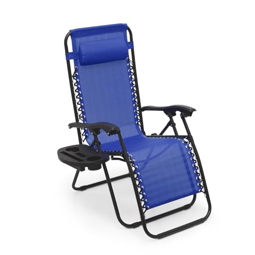 Athena Collection Zero Gravity Chair, Folding Lounge Chair, Reclining Camping Chair, Outdoor Zero Gravity Recliner with Adjustable Pillow and Cup Holder for Outside Beach Garden Patio Poolside - Blue -  LC-AT-0031PBLA15