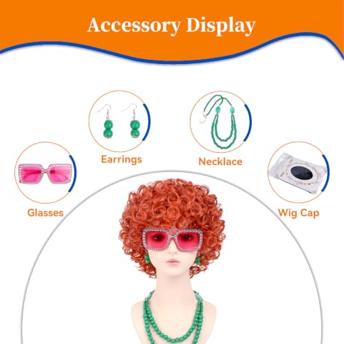 Image of Women Roper Curly Orange Red Cosplay Wig with Necklace Earrings and Sunglasses for Women Hallween Costume Wig