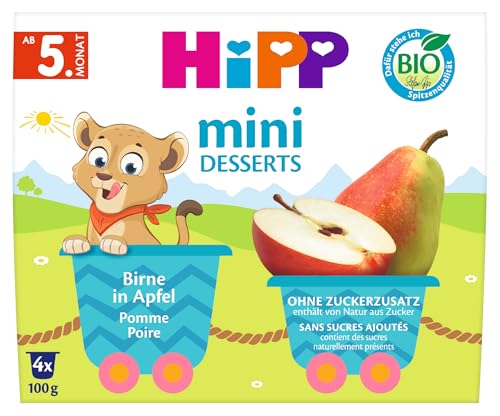 HiPP Bio Mini Dessert Birne in Apfel (6er Pack mit je 4 x 100g), ab 5. Monat, in praktischen Bechern, ohne Zuckerzusatz, in bester Bio-Qualität