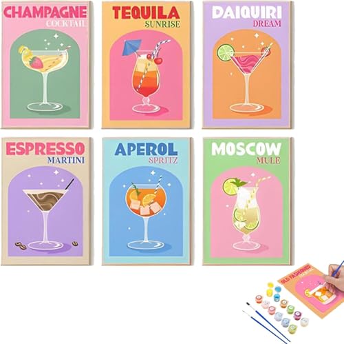 Malen Nach Zahlen Cocktail, 6 Stück Mini Malen nach Zahlen Set 15 x 20 cm, Selbermachen Handgemaltes Ölgemälde-Set für Erwachsene und Anfänger Als Geschenk Mit Pinsel Und Acrylfarben (Ohne Keilrahmen)