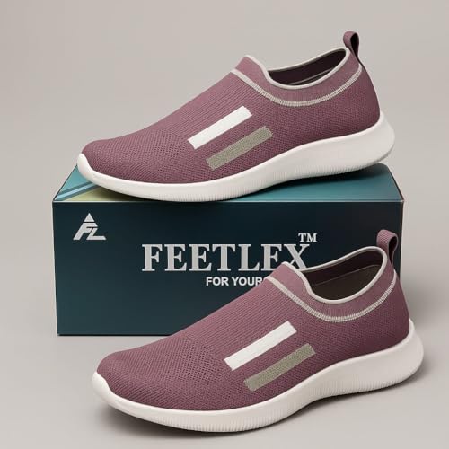 Image of Onion Casual Slip-On Sneakers, Purple Knit Mesh Walking Shoes with White Stripes