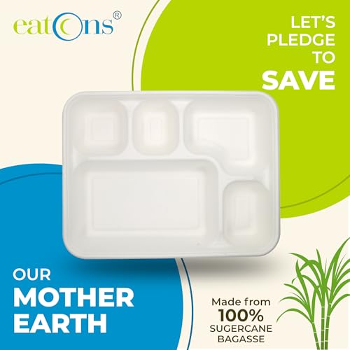 Image of EATONS | 5 Compartment Bagasse Meal Tray | Pack of 50 | Disposable Plates Big Size | Sugarcane Paper Plates | Ideal for Events, Caterers & Buffet | Heavy Duty, Leakproof, Microwave Safe