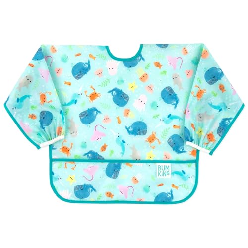 Image of Bumkins Bibs, Baby and Toddler Girls and Boys 6-24 Months, Long Sleeve, Essential Must Have for Eating, Feeding, Mess Saving Lightweight Waterproof Fabric Sleeved Smock, Ocean Life
