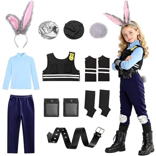 JoltMemori Kids Police Officer Costume Set - Bunny Headband Cosplay Outfit for Girls 4-9Y, Perfect for Christmas & School Performances