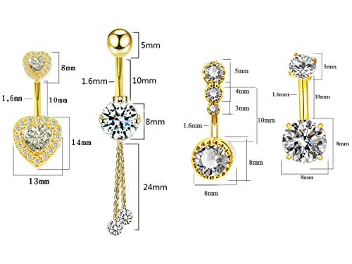 14G Surgical Steel Belly Button Rings Round/Love Heart Clear Cz Navel Curved Barbell Studs Sexy Body Piercing (4Pcs - Gold) #TOP1