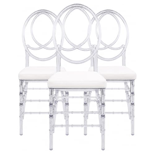 FOHFurniture Set of 3 Clear Acrylic Chiavari Chairs with Cushions, Fully Assembled Transparent Crystal Dining Chair, Accent Event Ghost Chairs for Wedding Event Reception, Oval Back, Polycarbonate