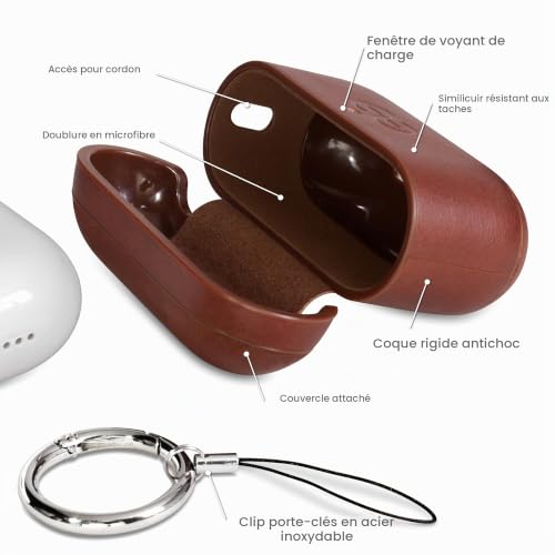 Coque Dreem en Cuir véritable pour AirPods Pro 3, Mousqueton Porte-clés, Coque Rigide de Protection en Plastique Dur + Cuir Premium, Compatible avec MagSafe, Effet Reveal Motion [Om:Chestnut] – vue 3