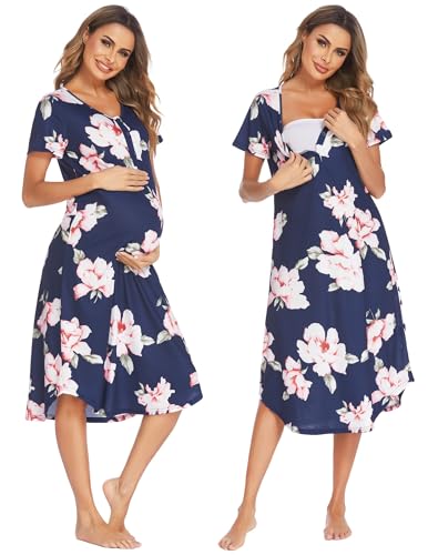 Image of Ekouaer Womens Maternity Nightgown for Hospital Pregnancy Long Nightgowns Nursing Night Gown for Breastfeeding Navy Flower L