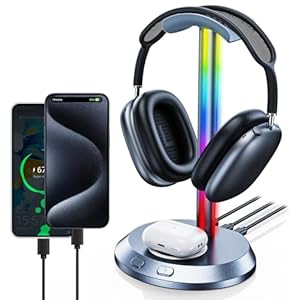 RGB Headphone Stand with 15W Fast Wireless Charging and 2 USB-C&1 USB Charging Ports,Desk Gaming Headset Holder with Weighted Non-Slip Rubber Base Suitable for All Earphone Accessories