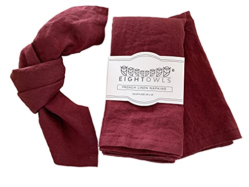 Eight Owls Linen Napkins – 100% Pure Stonewashed Linen Cloth Napkins – Mitered Corners - Size 45 cm x 45 cm – Set of 4 (Burgundy)