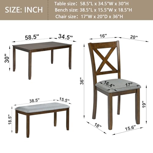 Image of LUMISOL 6 Piece Dining Table Set for 6, Solid Wood Kitchen Table with 4 Chairs and Bench, Farmhouse Dining Table Chair with Bench Set for Kitchen, Living Room, Walnut Grey