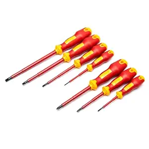 SATA 7-Piece VDE Insulated Electricians Screwdriver Set with Red and Yellow Handles and Alloy Steel Blades Tested to 10,000 Volts, ST09303