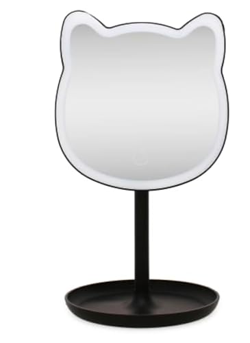 Puurrfect Black Mirror Gifts for Girls, Cute Cat Ears Shape Mirrors Makeup Choice for Teens with LED Lights Touch Control with Bonus Cosmetic Case, (Black)
