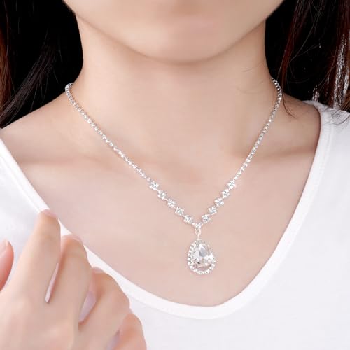 Women Jewelry Set Silver Necklace Earrings Bracelet Rhinestone Crystal Bridal Wedding Jewelry Sets for Brides Bridesmaid Wedding Party - Image 6