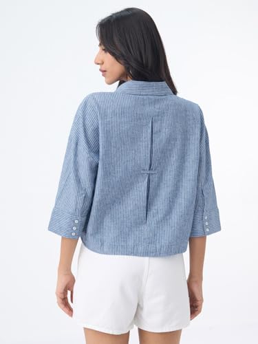 Image of The Souled Store Cotton Linen Shirt: Women and Girls Drop-Shoulder Sleeves Spread Collar Stripes Lightweight Casual Oversized Shirt