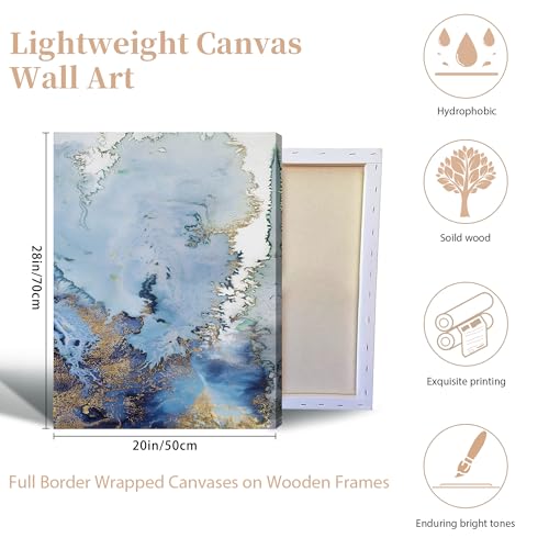 hyidecorart Abstrakte Bilder Leinwand mit Rahmen 50x70 cm 3er Set Deko Schlafzimmer, Wandbilder Wohnzimmer Modern Natur Kunstdruck Blau Golden Marmor Gemälde Flur Badezimmer Wohnung Büro Villa