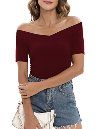 Image of Sarin Mathews Womens Shirts Off The Shoulder Tops Sexy V Neck Slim Fit Shirts Tops Blouses