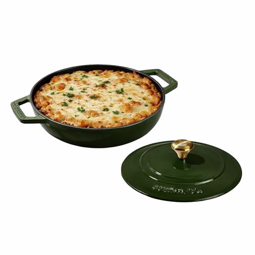 CUMIN CO. Enameled Cast Iron Braiser with Lid, 3 QT Braising Pan – PFAS-Free Non Toxic – Heavy Duty Casserole Pot for Braising, Roasting & One-Pot Meals – Induction & Oven Safe (Color: Green)