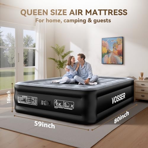 Image of VOSSER Queen Air Mattress with Built in Pump,18'' Raised Self Inflatable Mattress,Blow Up Mattress in 3 Mins,Puncture-Resistant Airbed for Floor&Home,Queen Size Air Matress for Adults,660lb Max,Black