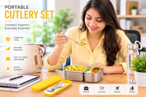 Image of Cutlery Set with Box for Dining | Stainless Steel Spoon, Fork | Reusable Tableware for Home, Kitchen, Office, Restaurant & Travel | Durable Mirror Finish Flatware