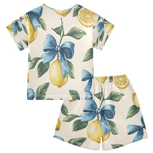 Pajama Sets Short Sleeve Lemon Blue Ribbon Pattern Soft Cotton Summer Sleepwear 2 Piece PJS Size 5-14T2