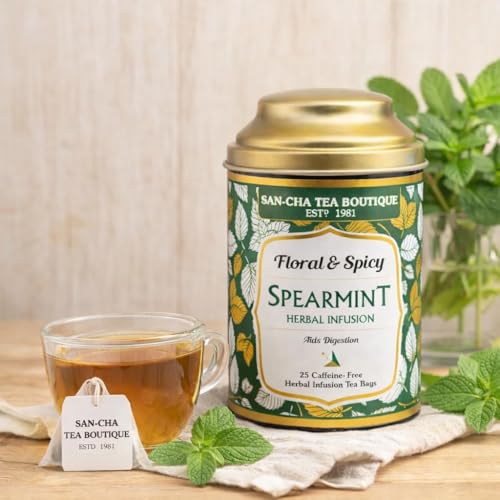 Image of Sancha Spearmint Herbal Tea Bags | Caffeine-Free Mint, Clove & Lemongrass Blend | 25 Biodegradable Pyramid Bags x Pack of 2
