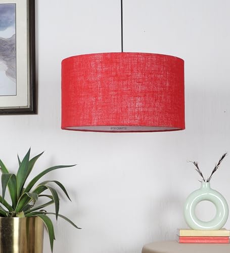Image of Red Jute Color, Hanging /Pendant Drum Lamp Shade, Decorative Light Lamp for Living Room, Home, Bedroom, Home Decor Lightning /Silver Canopy -: Pack of 1 (16 * 9 Inches)