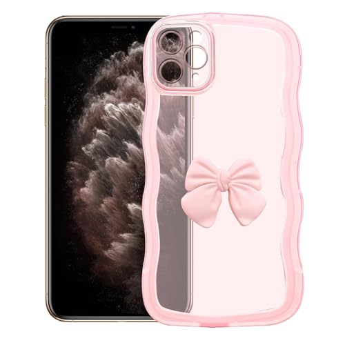 TWIKKA Cute Bow Soft Silicone Phone Case for iPhone 11 Pro Max | Transparent Wavy Edge Shockproof Cover for Women & Girls, Slim Anti-Slip Protective Back Case (Pink)