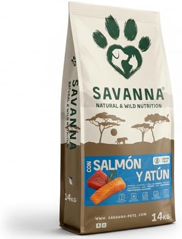 Pienso Hipoalergénico para Perros Adultos con Salmón y Atún, Savanna Hypoallergenic Sin Cereales Grain Free, Piel Sensible y Digestión, Racao Caes Sem Cereais, Todas Las Razas, 14 Kg