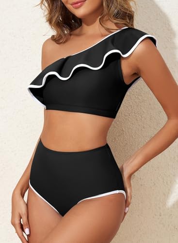 Herseas Women\'s One Shoulder Bikini Sets Color Block Trimmed Ruffle Hem Swimsuits Elegant Bathing Suits Black Travel Outfits Large - Thumbnail 2