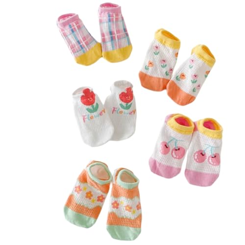 5 Pairs Baby Toddler Invisible Socks Thin Cotton Mesh for Summer, Rainbow Floral Bear Low Cut Socks for Girls Boys