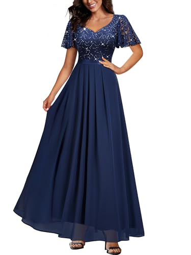 Miusol Women's Retro V-Neck Ruffle Sleeve Sequined Floral Lace Bridesmaid Party Maxi Dress