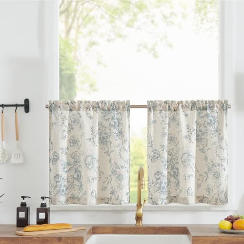 jinchan Floral Linen Tier Curtains Blue Flower on Beige Cafe