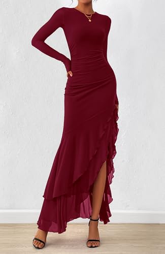 BTFBM Women's Maxi Dresses Fall 2025 Long Sleeve Ruched Bodycon Solid Ruffle Mermaid Cocktail Wedding Guest Dress