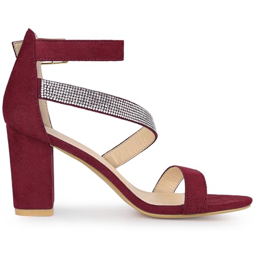 Allegra K Allegra K Women's Rhinestone Open Toe Block Heels Burgundy Sandals 10 M US