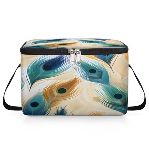 GzLeyigou Peacock Feather Lunch Bags for Women Men 9 Cans, Hot & Cold Food Delivery Bag Insulated Grocery Bag Insulated Lunch Box Peacock Cooler Bag for Office Work Picnic Beach