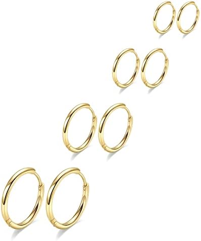Small Gold Huggie Hoop Earrings Set Hypoallergenic Tiny Hoops Earrings for Cartilage Helix Tragus Lobes Hinged Sleeper Earrings for Women Men for Multiple Piercings (6/8/10/12mm Gold,4 Pairs)