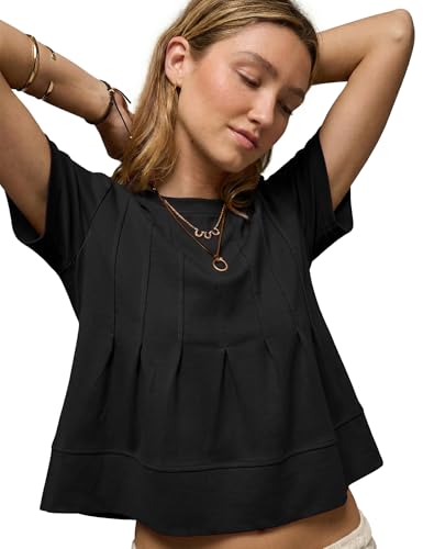 LOMON Spring Peplum Tops for Women Front Pleated Short Sleeve Crew