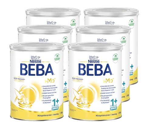 BEBA Junior 1+ Milchgetränk ab dem 1. Geburtstag, Mit HMO, Altersgerecht angepasster Proteingehalt, Nur Laktose, Ohne Palmöl, Ohne Fischöl, Kleinkindnahrung, Baby-Milchpulver, 6er Pack (6 x 800g)