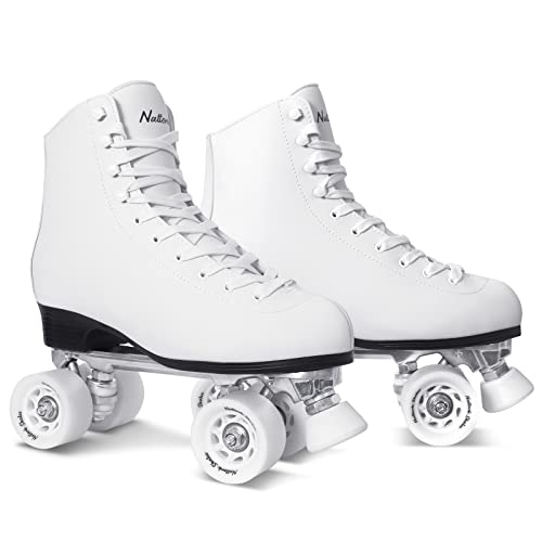 Image of Nattork Roller Skates for Women, PU Leather High-top Quad Skates for Beginner, Indoor Outdoor Double-Row Skates for Adults - White